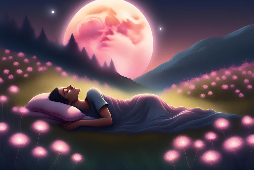 person sleeping under the full pink moon