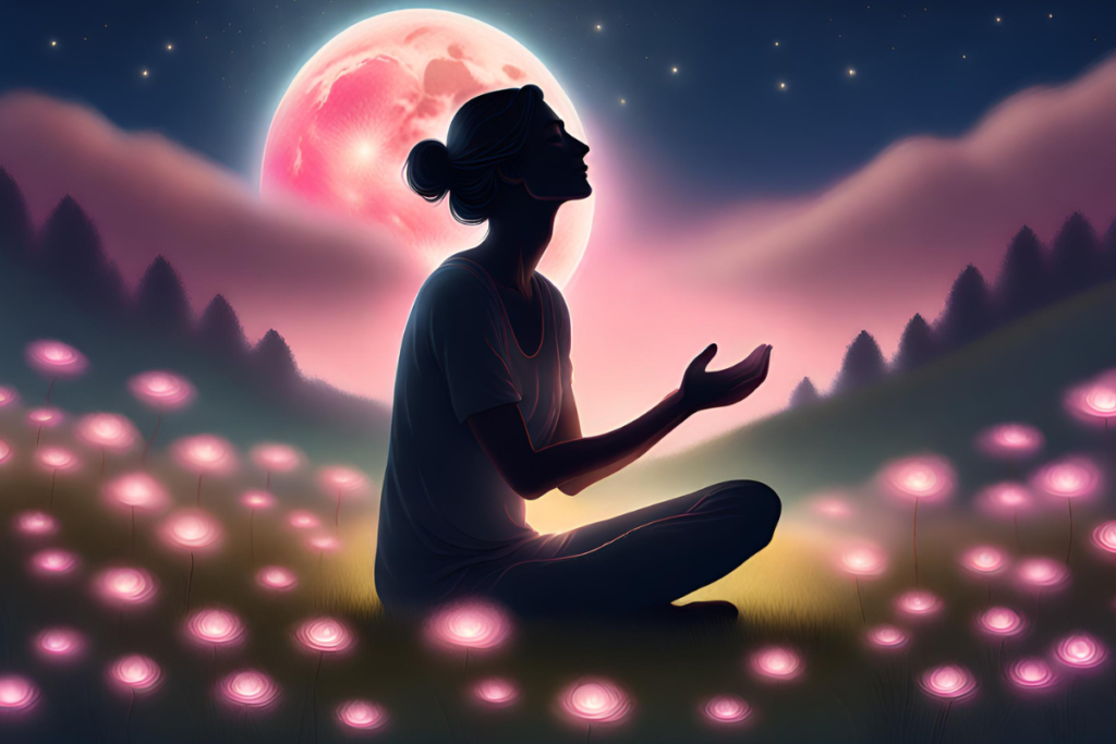 practicing gratitude under the full pink moon in a wildflower field