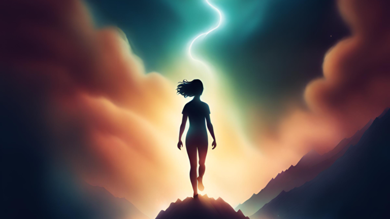 resiliant woman standing on a mountain looking to the sky